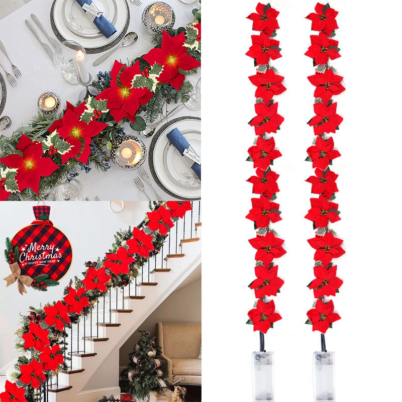 Outdoor Lighting Xmas - 2/3m Boże Narodzenie Poinsettia Flower Garland